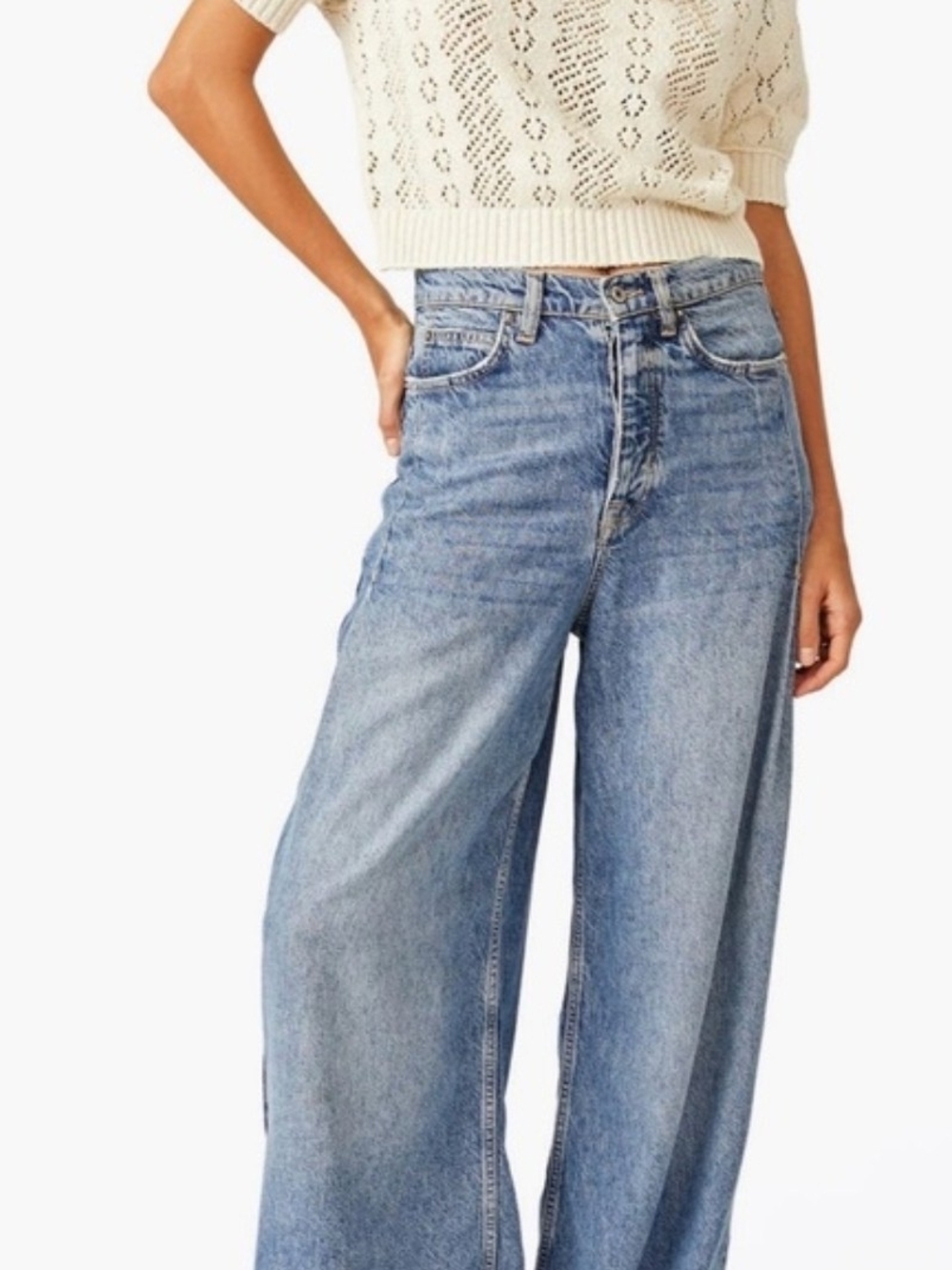 Free People Cream Pointelle Short-Sleeve Knit Sweater - Picture 3 of 5